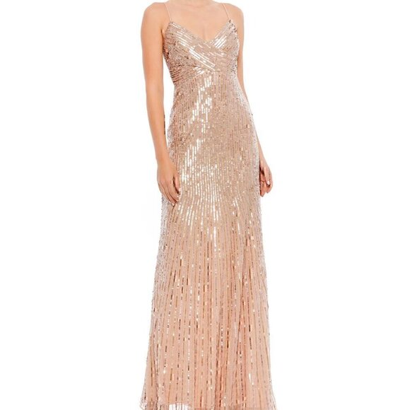NWT Mac Duggal 10817 Sequin Spaghetti Strap Gown Gold Size 6